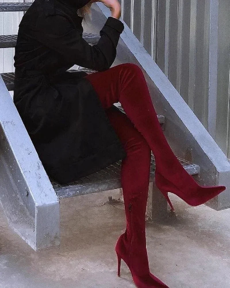 Women's Boots Green Color Over The Knee Boots Fashion Personality Stiletto Elastic Side Zipper Long Boots Large Size 34-43