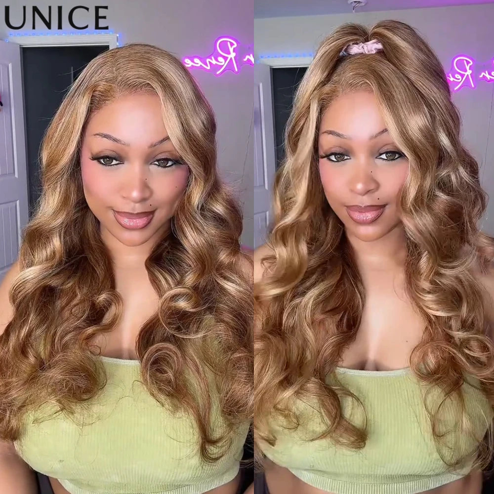 UNice Honey Blonde Highlights Body Wave Human Hair Wig With Drawstring 7x5 Lace Pre Cut Pre Bleached Glueless Wig 150% Density