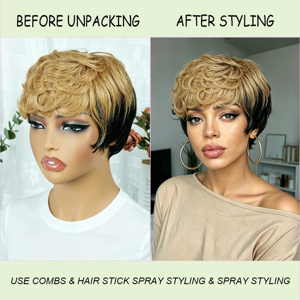 Curly Bob Wig Human Hair Black Champagne Color Hair With Bangs Machine Made Affordable Remy Fluffy Human Hair Wig