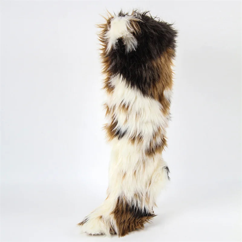 Onlymaker  Women Knee High Boots Thin High Heel Furry Boots Faux Fur Fury Boots Winter Plush Boots