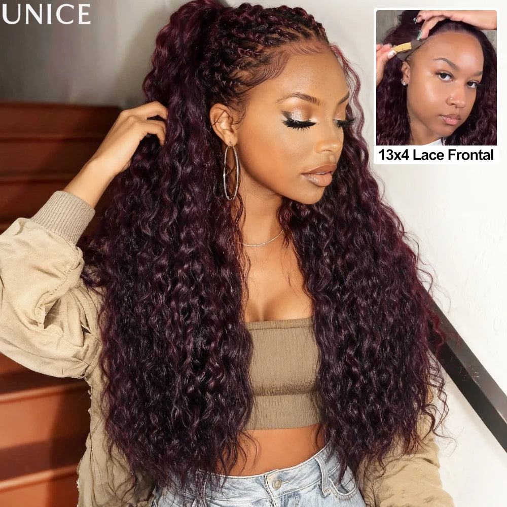 UNice Pre Everything 13x4 Lace Frontal Black Cherry Water Wave Human Hair Wig Pre Ear Tape Peel & Stick Glueless Wig Ready-to-go