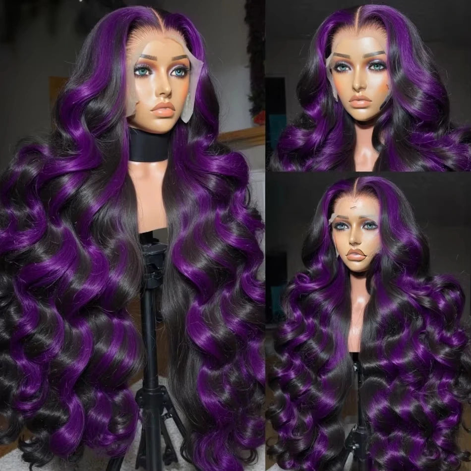 Lafino Ombre Purple Black Body Wave 13x6 13x4 HD Transparent Lace Front Human Hair Wigs Purple Colored Human Hair Wigs For Women