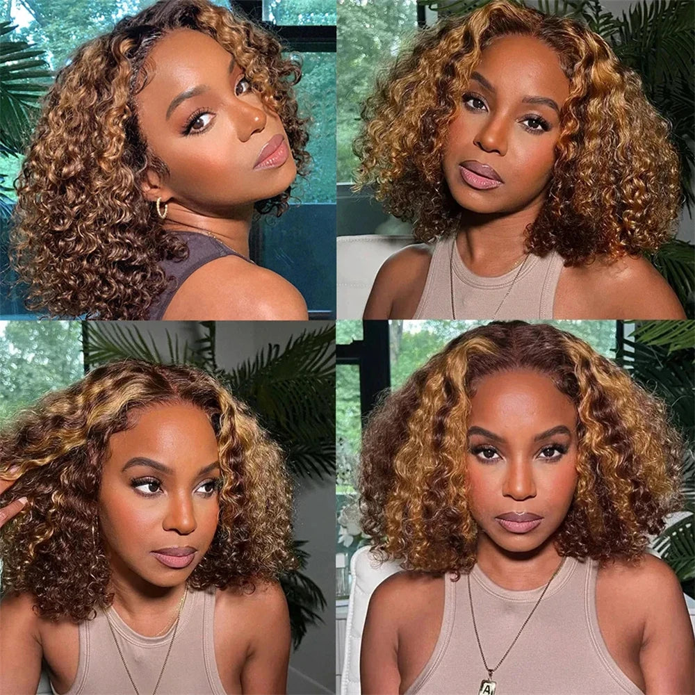 Highlight Short Bob Wigs Deep Wave 13x4 Lace Frontal Wig Human Hair Kinky Curly Frontal Bob Wig 4/27 Ombre Color 250% Density