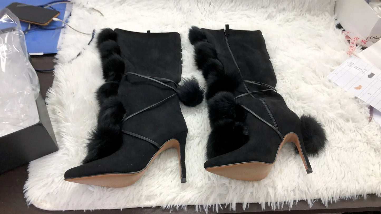 Plush Ball Lace Up Boots Stiletto Heels Solid Black Knee High Boots Pointy Toe Side Zipper Winter Women Party Dress Shoes Sexy