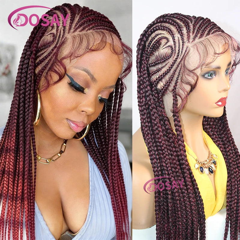 Burgundy Heart Synthetic  Full Lace Braided Wigs Knotless Cornrow Braid Lace Wig For Women Box Braids Wig With Baby Hair 36Inch