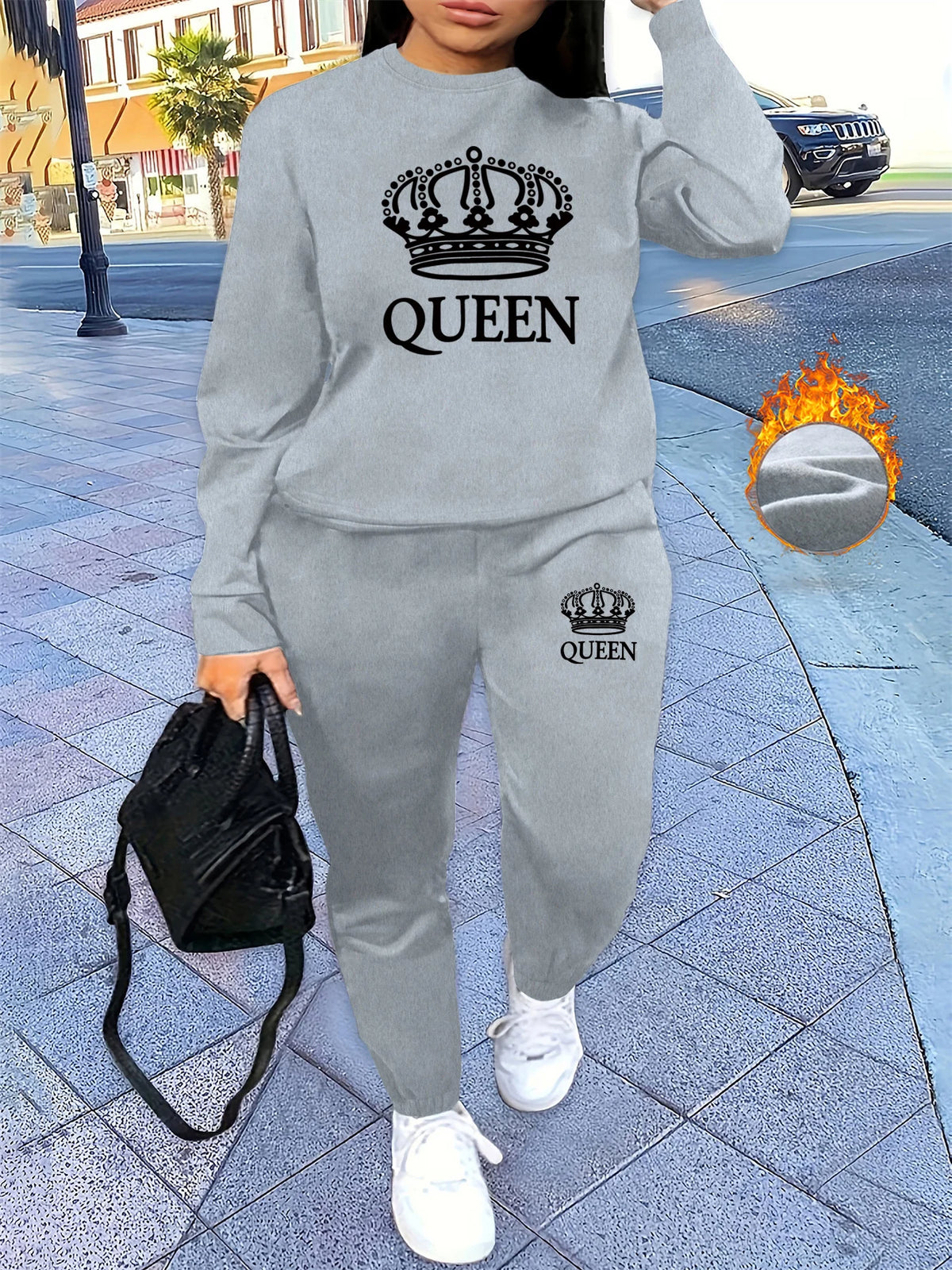 Women's Autumn/Winter Hip Hop Casual Street Classic QUEEN Pattern Printed Round Neck Sweatshirt+Sweatpants Warm Set