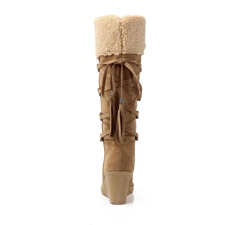 Women's High Boots 2022 Winter Fashion Lace-up Tassel Long Boots Women Platform Wedge Snow Boots Warm Cotton Boots Botas Mujer