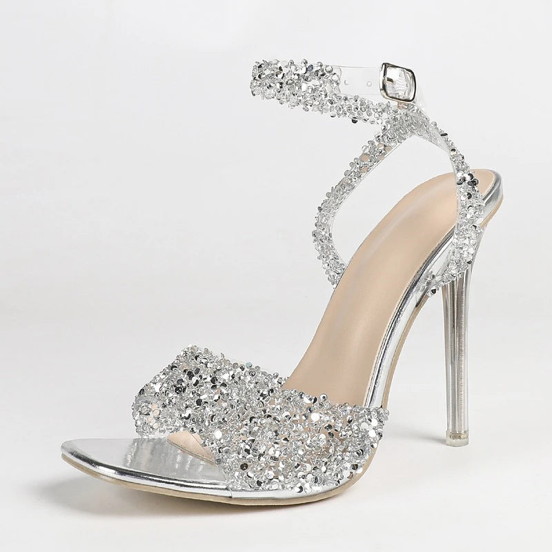 Eilyken Bling Crystal PVC Transparent Square Toe Women Sandals Fashion Buckle Strap Thin High Heels Carnival Party Shoes