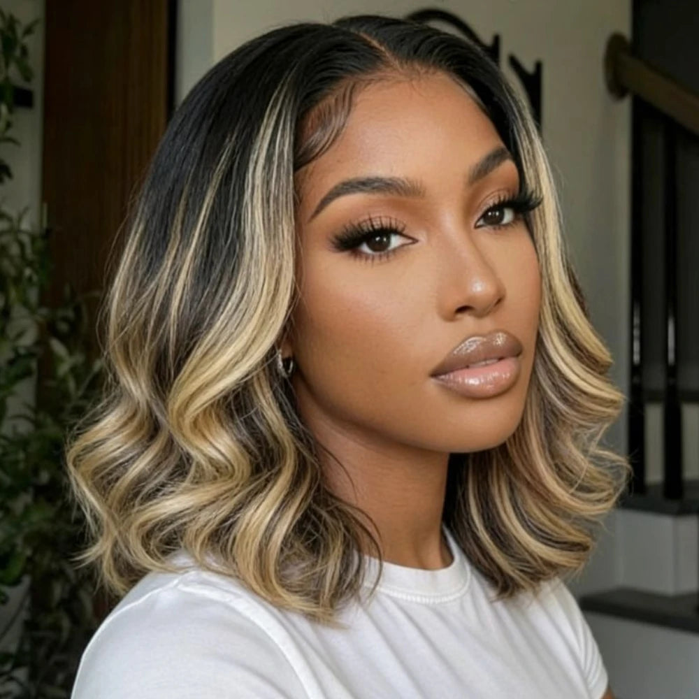 UNice No-Slip 7x5 Lace Black With Blonde Highlights Wavy Bob Human Hair Wig With Face-Framing Layers & Invisi Drawstring Glueless Wig Ready to Wear 150% Density