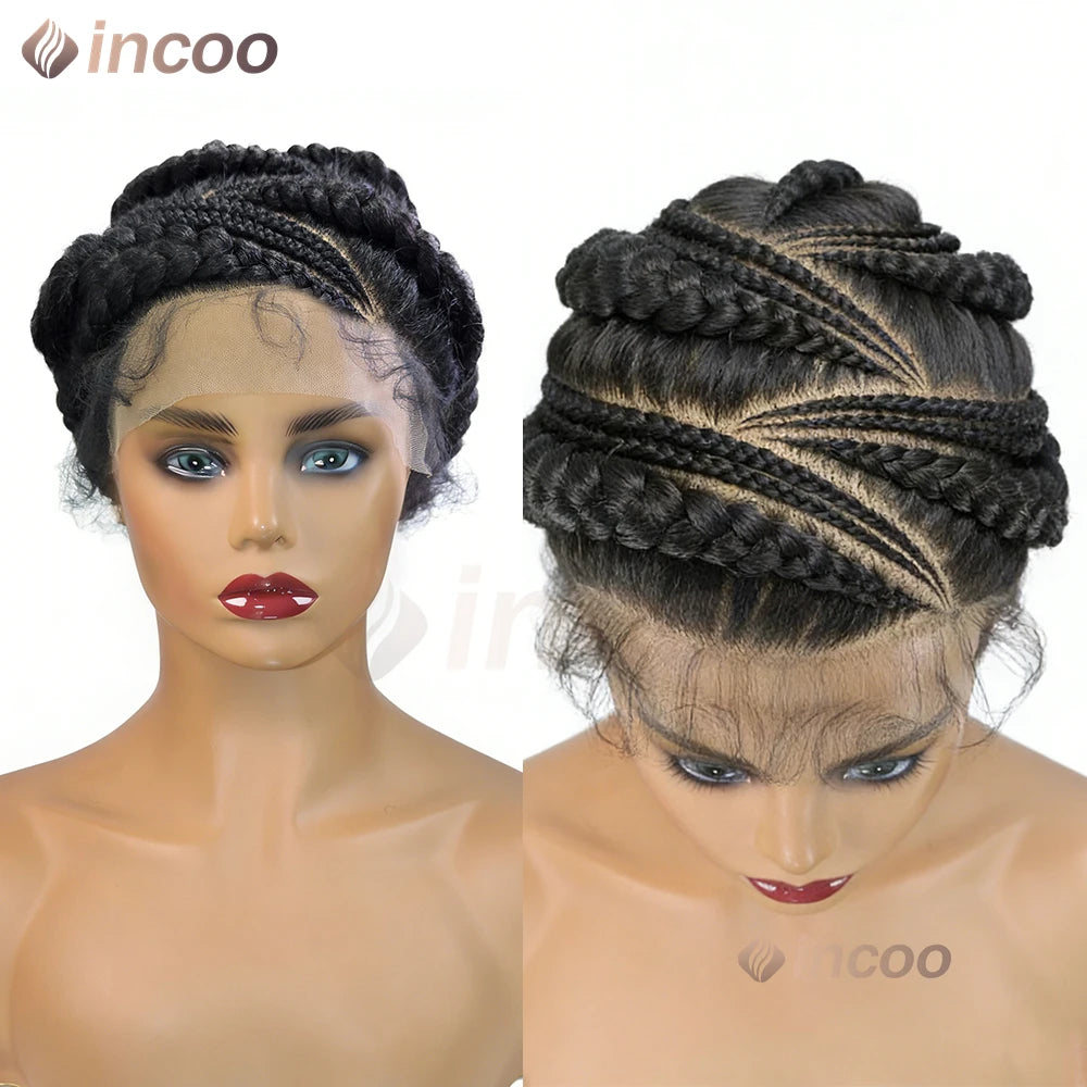 12 Inch African Cornrow Box Braids Bun Short Synthetic Full Lace Braided Wigs Glueless Natural Looking Box Braids Hair for Women