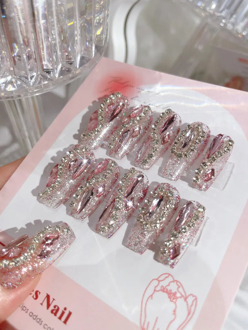 Glitter Fairy Rhinestone False nail Tips for Bride lady Wearable Sweet Crystal Design Press on Nails Mid Length Fake Nail Patch