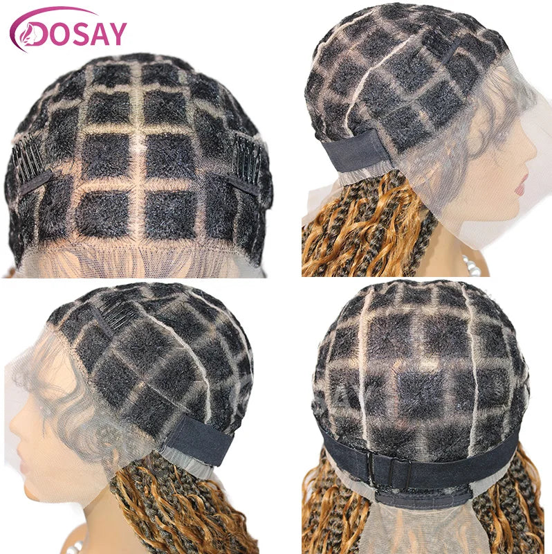 36" Full Lace Boho Braided Wigs Synthetic Knotless Box Braids Wig for Black Women Ombre Blonde Curly Hair Ends Goddess Braid Wig