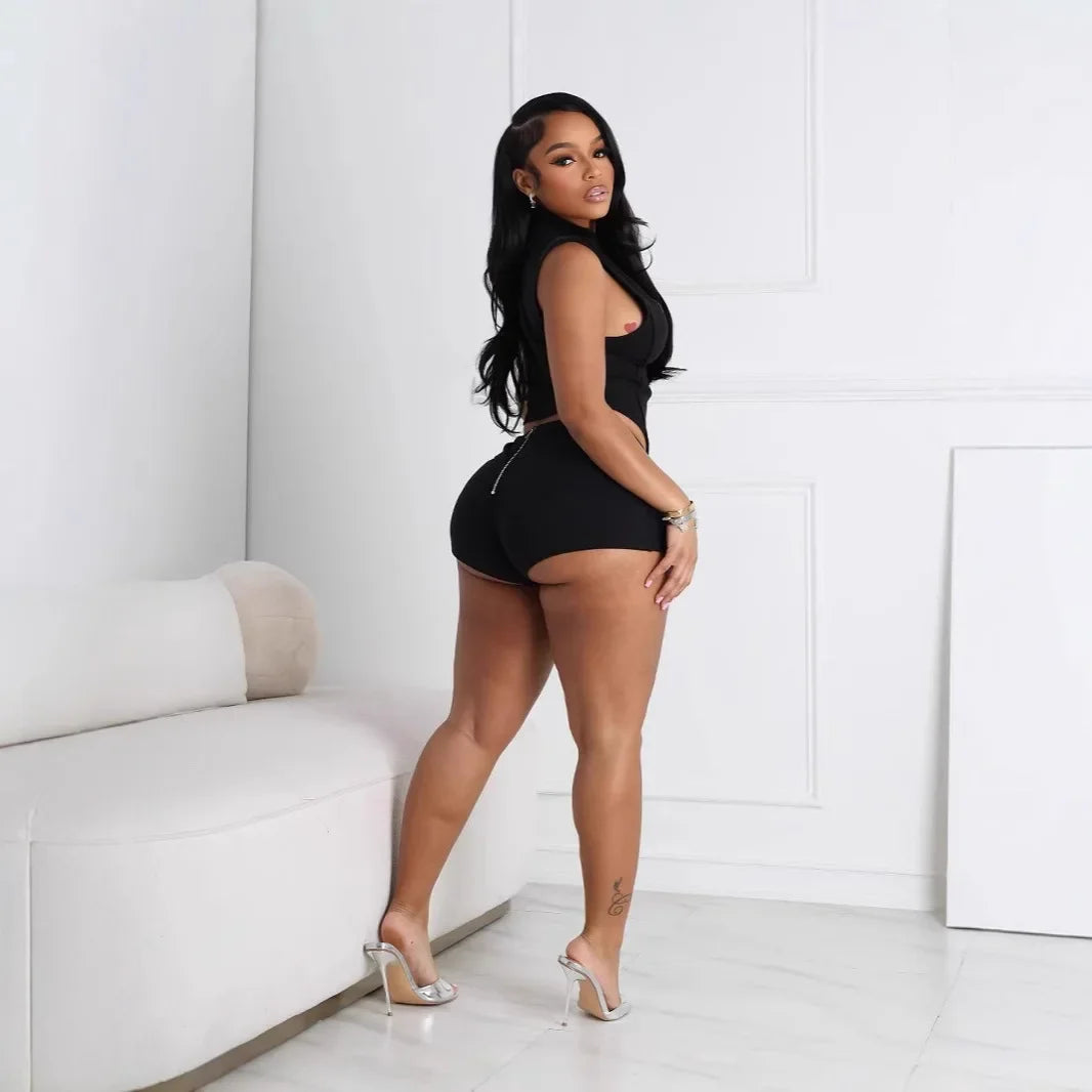 Sexy Slim Fit Black Women's Zipper Shoulder Short Pants Two-Piece Set Fashionable Cross-Border New Arrival Women's Wear