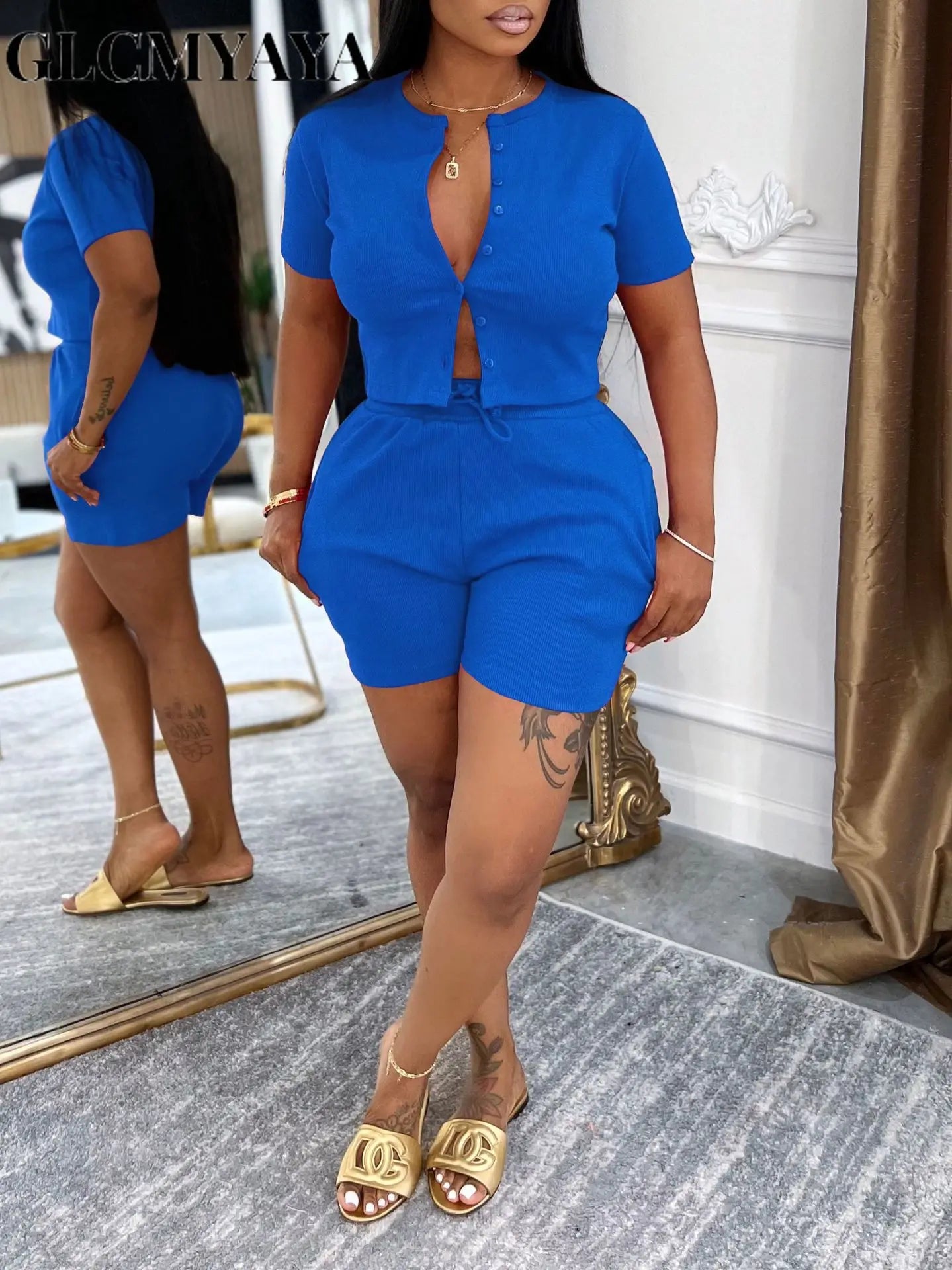 GLCMYAYA Fashion Knit Ribbed Women's Set Short Sleeve Single Breasted Tops and Shorts 2025 Tracksuit Two 2 Piece Set Outfits