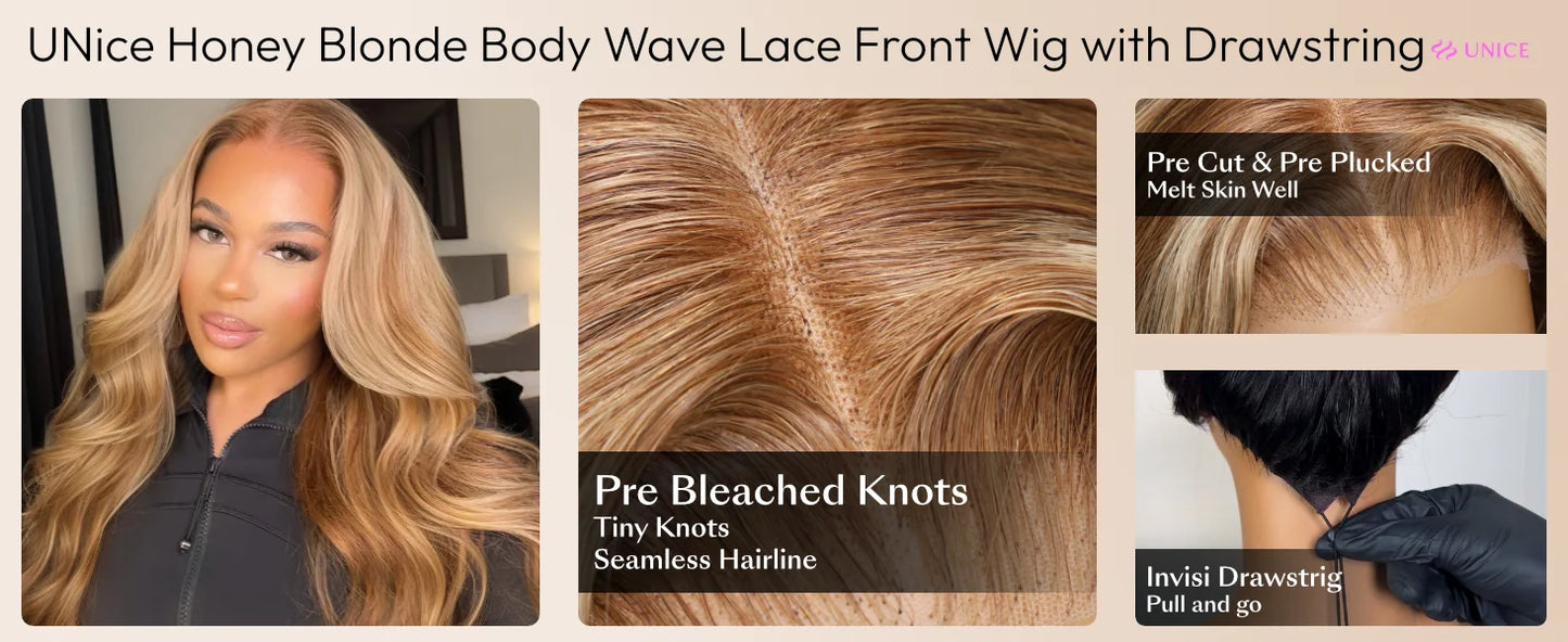 UNice Honey Blonde Highlights Body Wave Human Hair Wig With Drawstring 7x5 Lace Pre Cut Pre Bleached Glueless Wig 150% Density