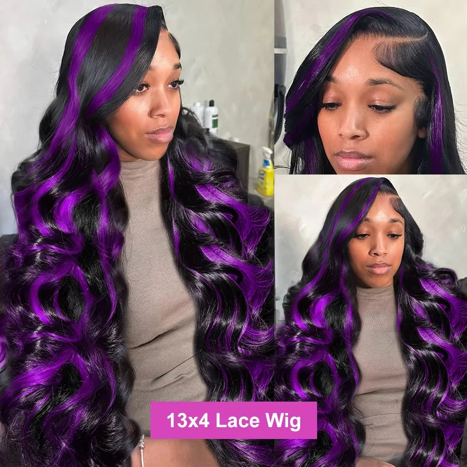 Lafino Ombre Purple Black Body Wave 13x6 13x4 HD Transparent Lace Front Human Hair Wigs Purple Colored Human Hair Wigs For Women