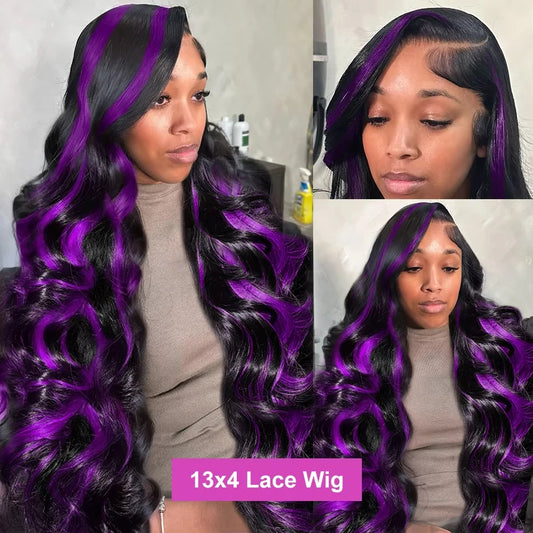 Lafino Ombre Purple Black Body Wave 13x6 13x4 HD Transparent Lace Front Human Hair Wigs Purple Colored Human Hair Wigs For Women