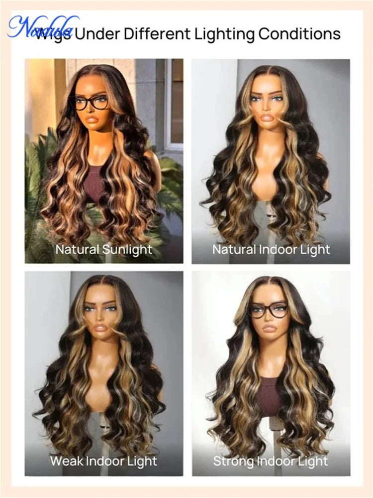 Nadula Highlights Blonde Human Hair Wig with Face-Framing Loose Wave 7x5 Pre Cut HD Transparent Lace Glueless Wig 100% Human Hair Pre Bleached Knots Pre Plucked Put and Go Drawstring Wig for All Heads Sizes Last More Than 1 Y