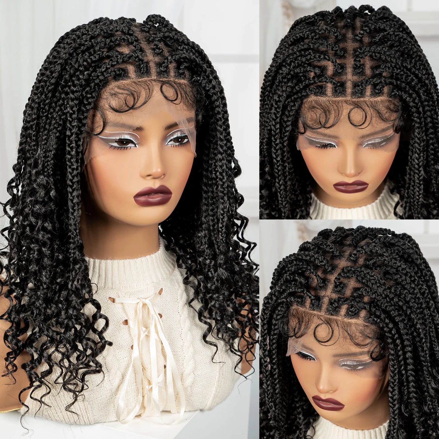 Knotless Box Boho Braided Wigs with Curly Ends Synthetic Full Lace Braided Lace Wigs Short Braided Bob Wig for Black Women