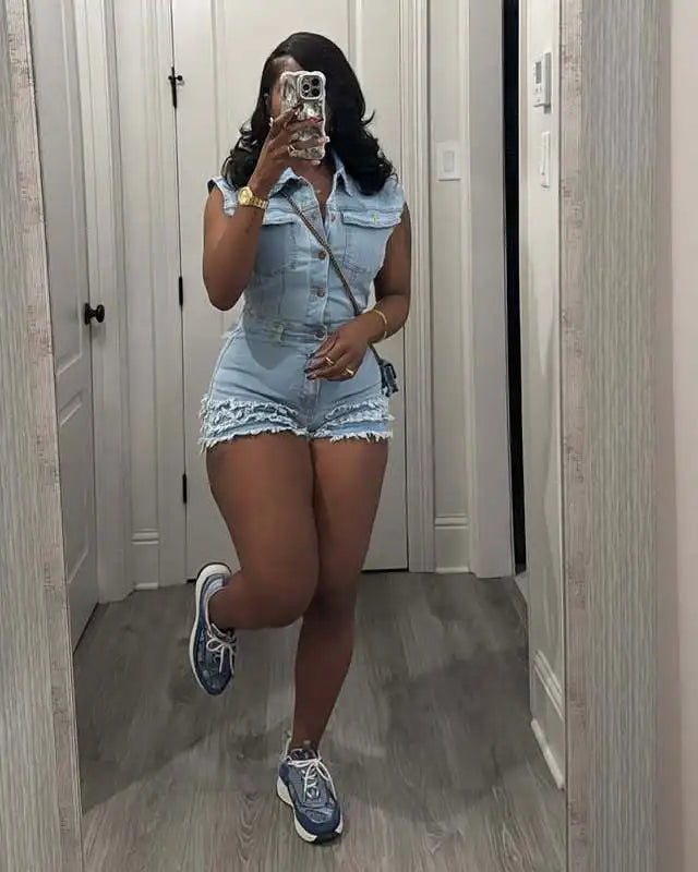 CM.YAYA Women V-neck Short Sleeve Denim tassel Short Jumpsuit Playsuits 2025 Summer Street Party Jeans Romper One Piece Outfits