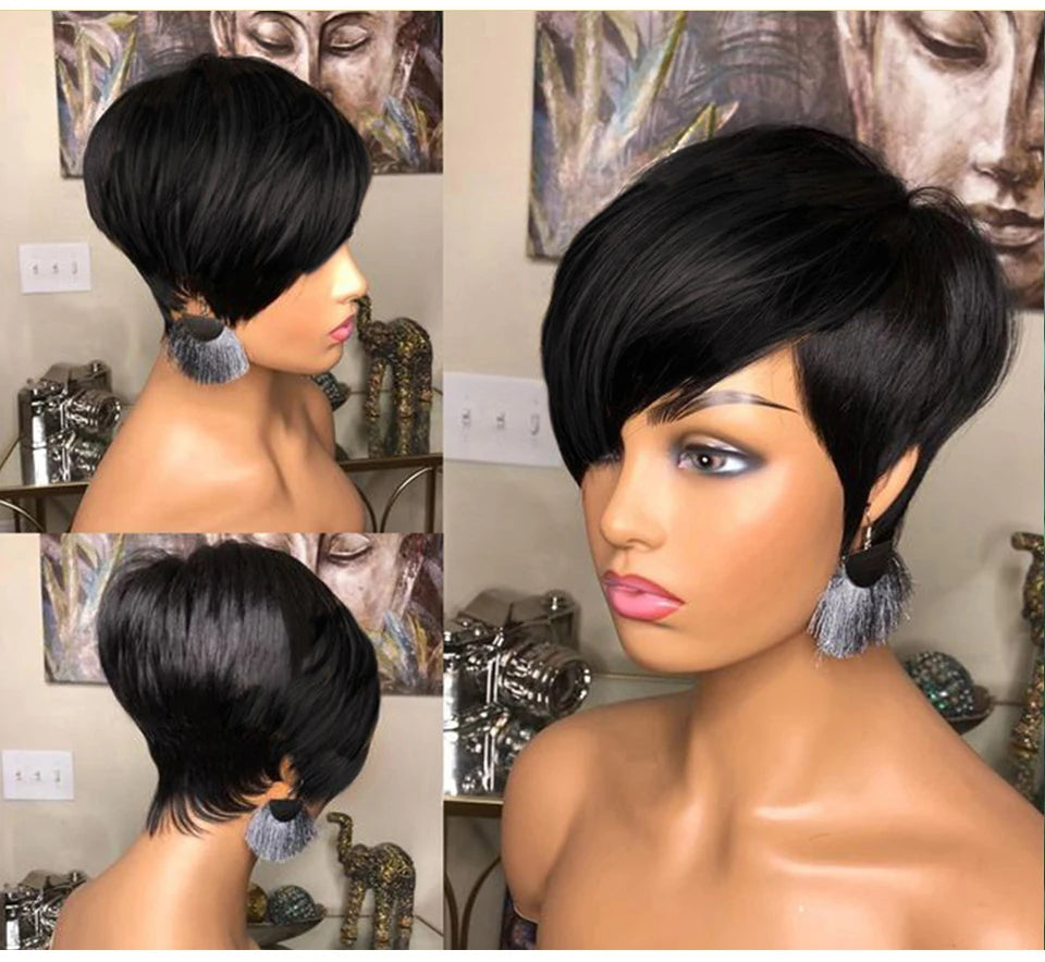 Short Bob Straight Human Hair Wigs Natural Black Brazilian Virgin Hair Pixie Cut Wig For Black Women Full Machine Made Wigs