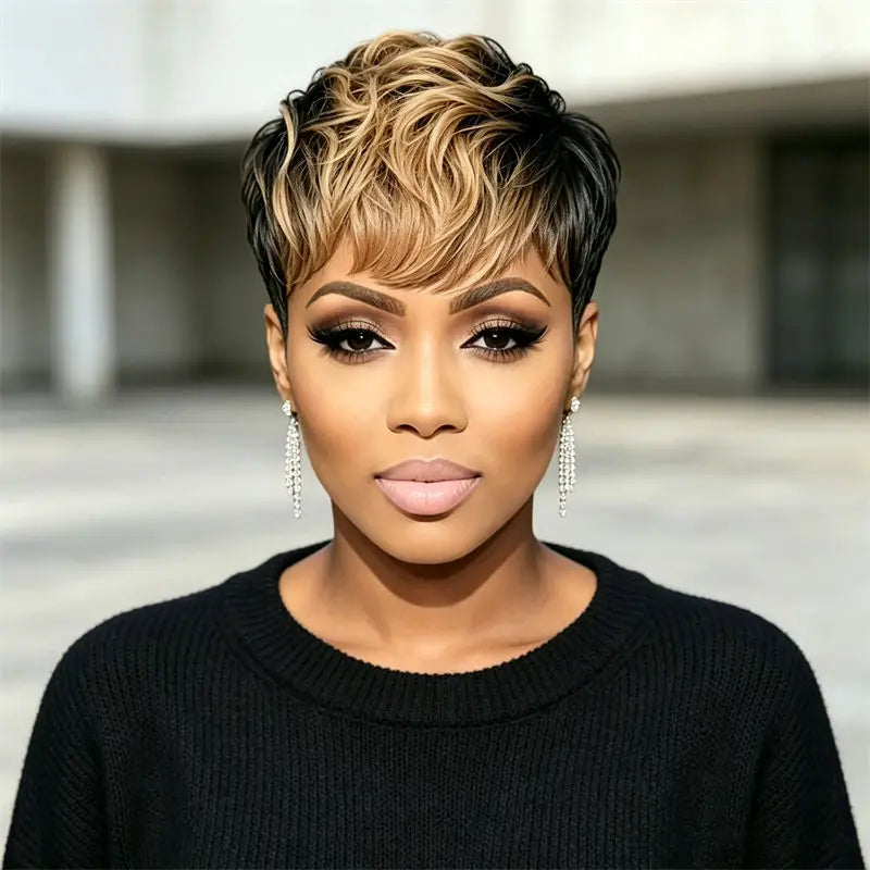 Pixie Cut Wig Full Machine Made Witg Bangs Black Blonde Curly Layer Real Human Hair Wig For Women Females Daily Gathering Wear