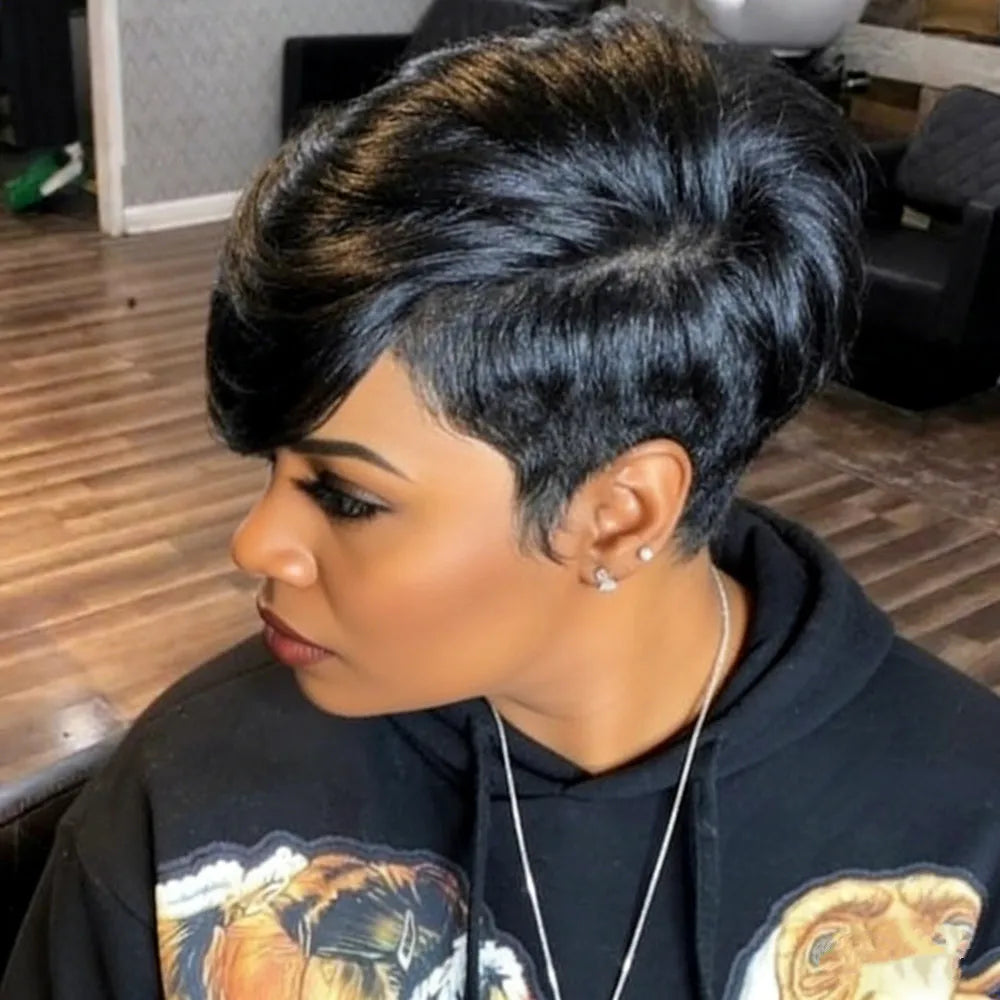 pixie wig black color for women  short human hair wig daily party use wig pixie cut wig straight machine made