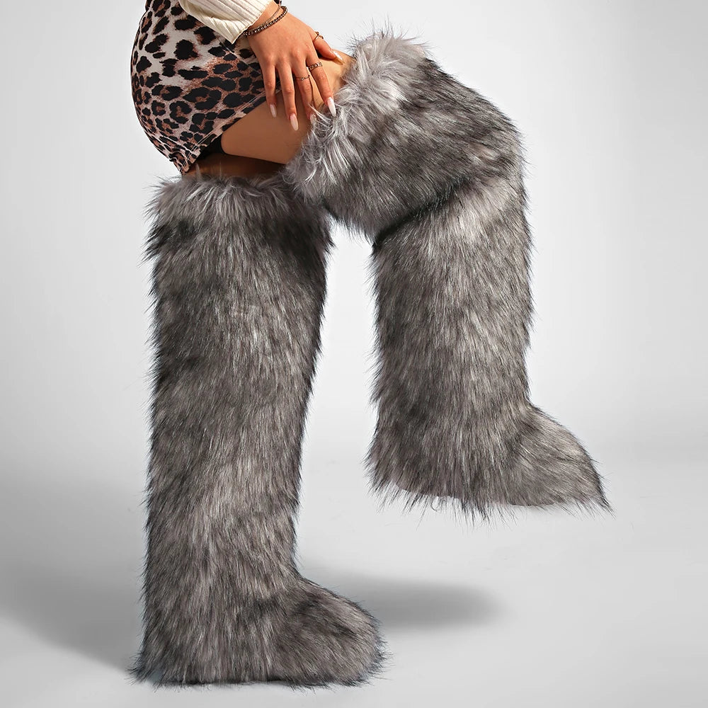 Women's Cozy Faux Fur over the Knee Boots Thigh High Fluffy Y2K Furry Fuzzy Warm Outdoor Comfortable Girls Boot