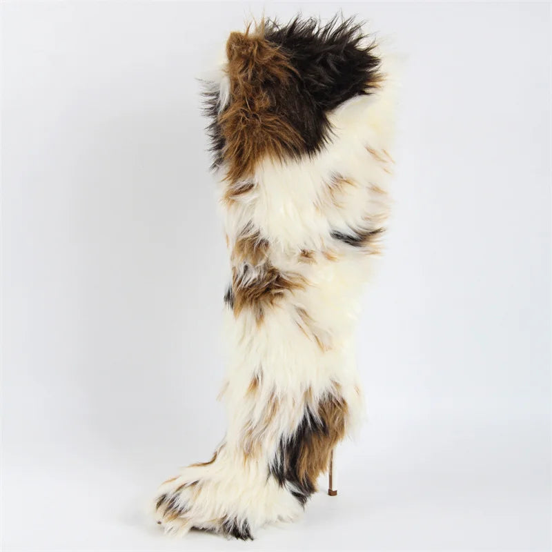 Onlymaker  Women Knee High Boots Thin High Heel Furry Boots Faux Fur Fury Boots Winter Plush Boots