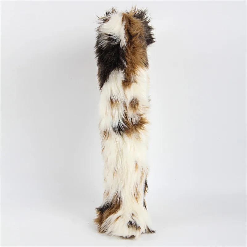 Onlymaker  Women Knee High Boots Thin High Heel Furry Boots Faux Fur Fury Boots Winter Plush Boots