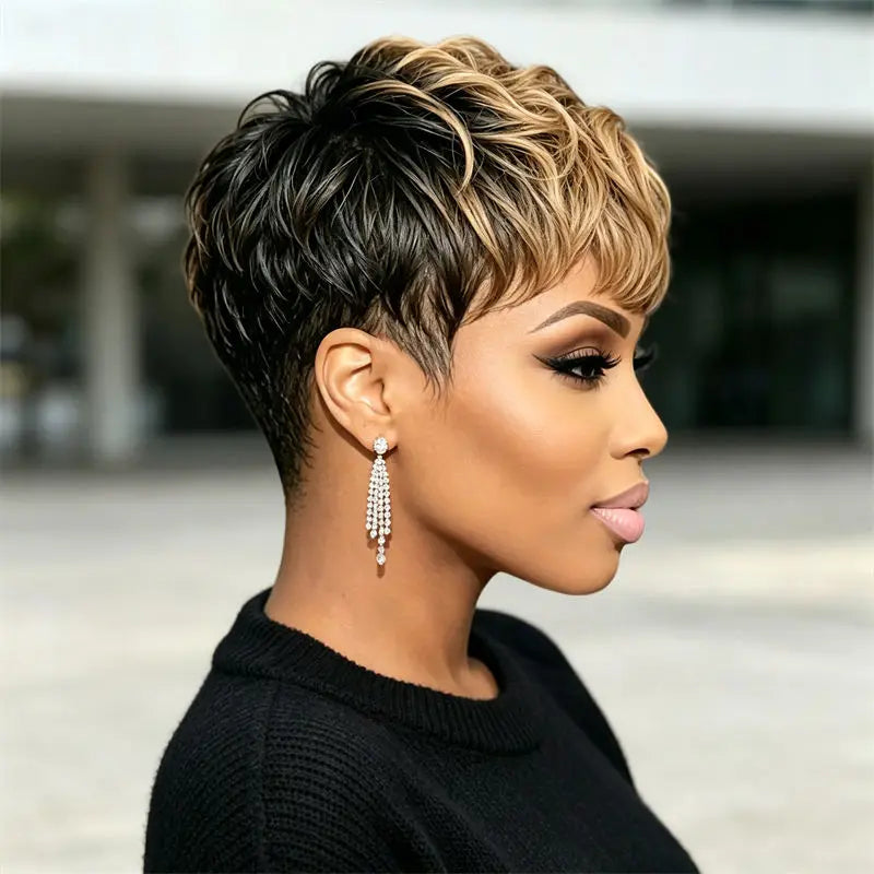 Pixie Cut Wig Full Machine Made Witg Bangs Black Blonde Curly Layer Real Human Hair Wig For Women Females Daily Gathering Wear