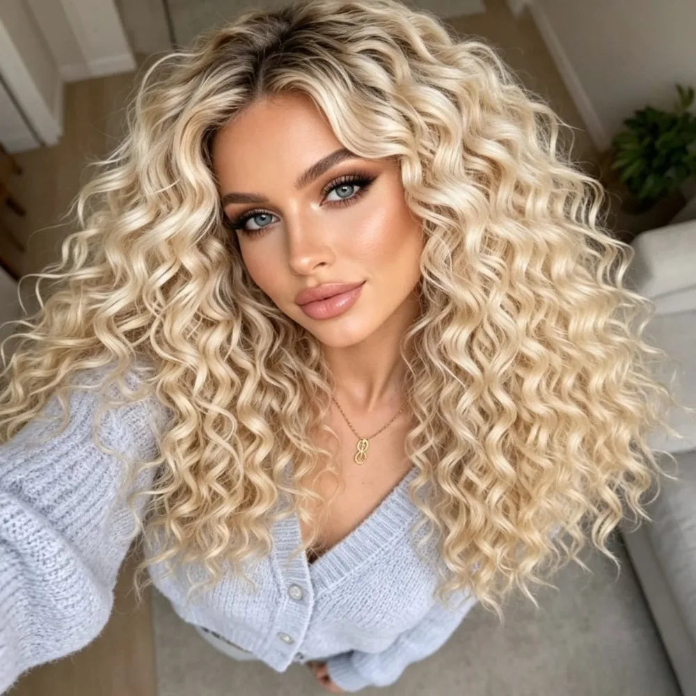 Kinky Curly Synthetic Lace Front Wigs Ombre Brown Roots Ash Blonde Wig 13x4 HD Long Curly Dance Party Street Wear Use