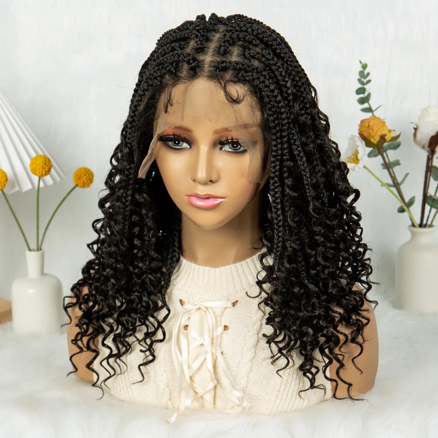 Kima Short Bohemian Box Braids Braided Wig Full Lace Boho Braided Wigs Synthetic Curly Hair with Baby Hair for Black Women