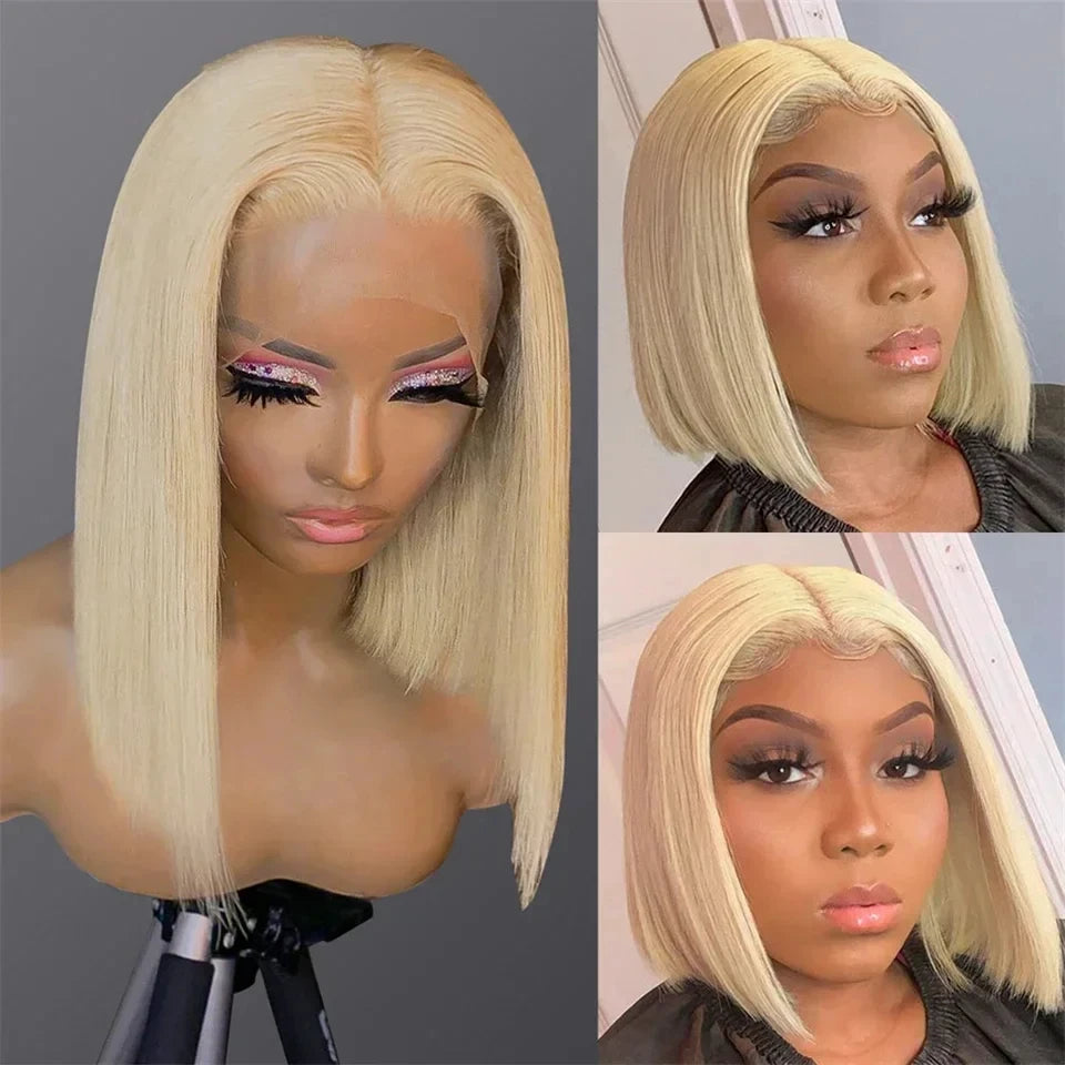 613 Honey Blonde 13x4 HD Transparent Lace Short Bob Wig Pre-Plucked Straight Full Frontal Human Hair Wig for Women