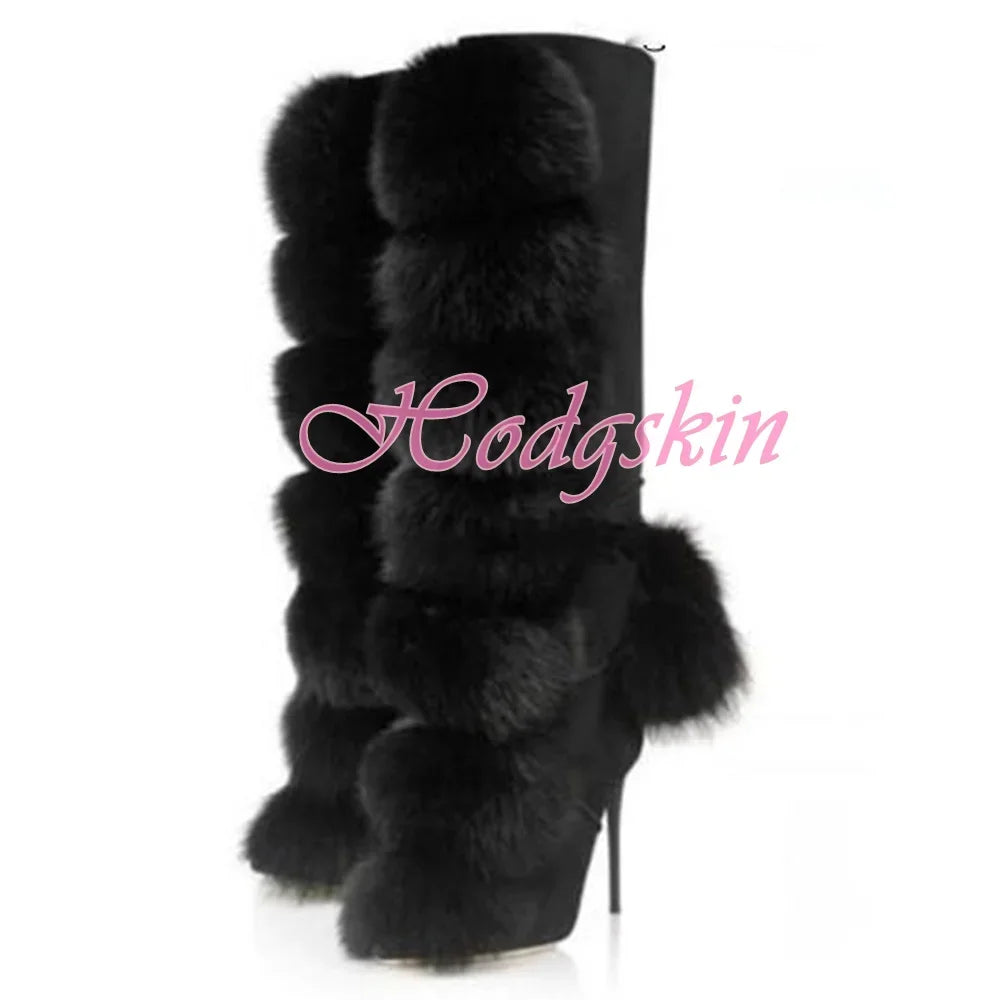 Plush Ball Lace Up Boots Stiletto Heels Solid Black Knee High Boots Pointy Toe Side Zipper Winter Women Party Dress Shoes Sexy