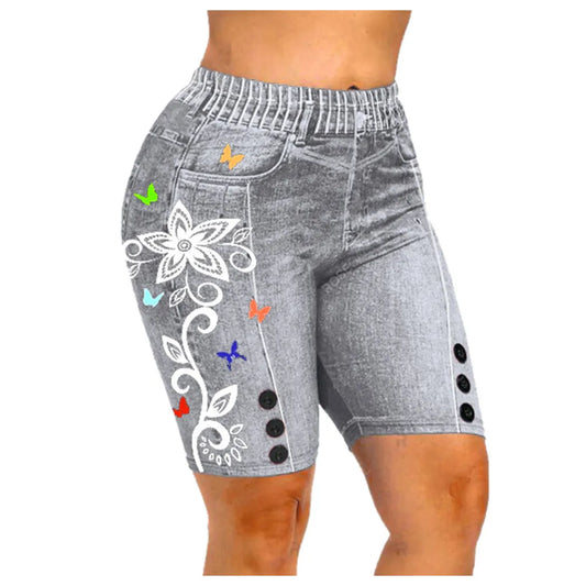 Faux Denim Jean Shorts Women'S Pants Plus Size Skinny 3d Print Casual Jeggings Sexy Astic Imitation Jeans Vintage Streetwear