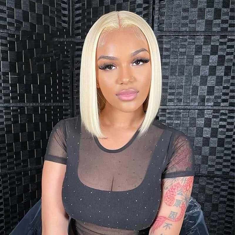 613 Honey Blonde 13x4 HD Transparent Lace Short Bob Wig Pre-Plucked Straight Full Frontal Human Hair Wig for Women