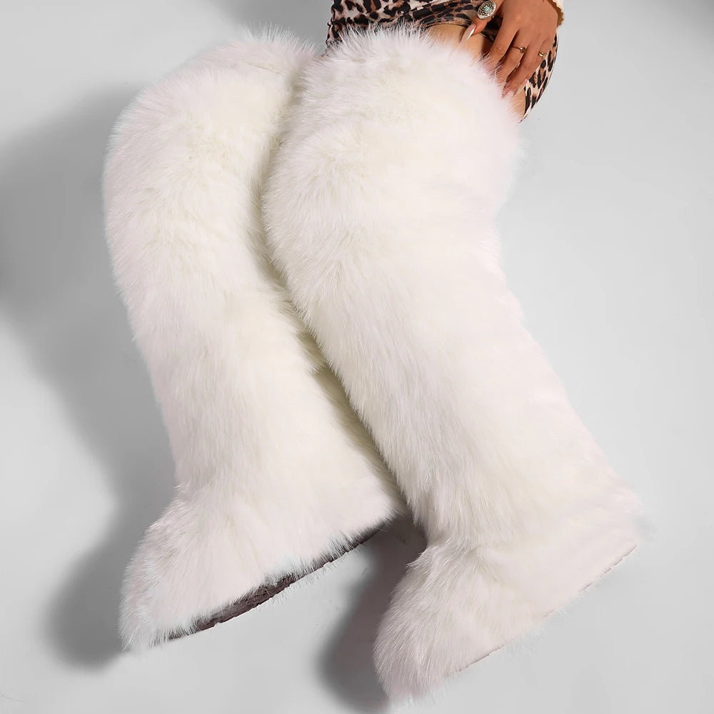 Women's Cozy Faux Fur over the Knee Boots Thigh High Fluffy Y2K Furry Fuzzy Warm Outdoor Comfortable Girls Boot