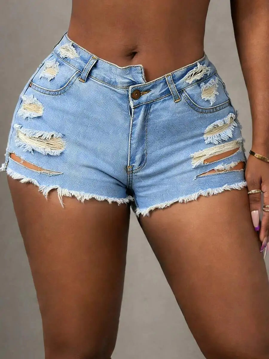Womens Stretch Ripped Denim Shorts High Waist Casual Summer Shorts