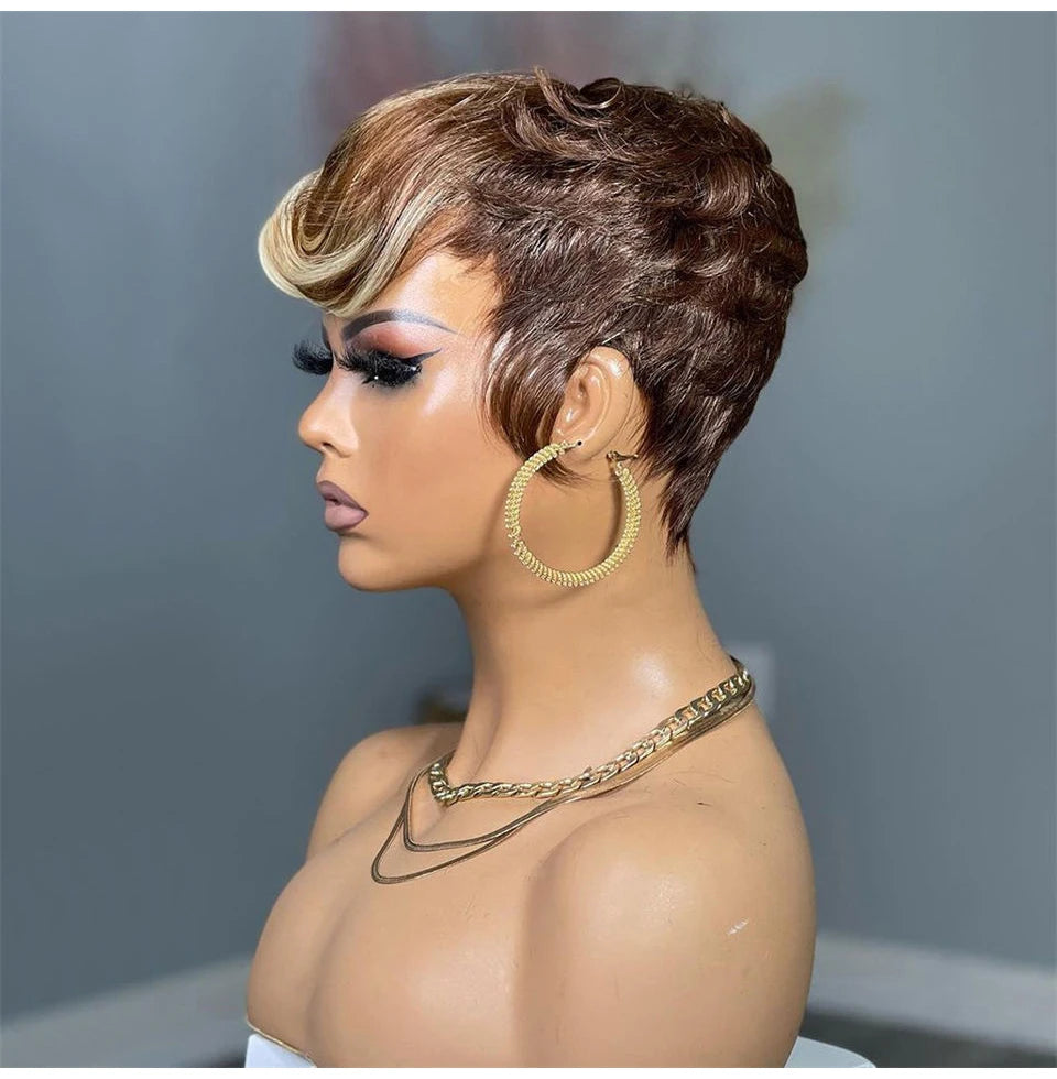 Short Pixie Cut Wigs Human Hair Blonde Green Highlight Short Bob Wigs 613 Burgundy 99J Colored Brown full Machine made Wigs