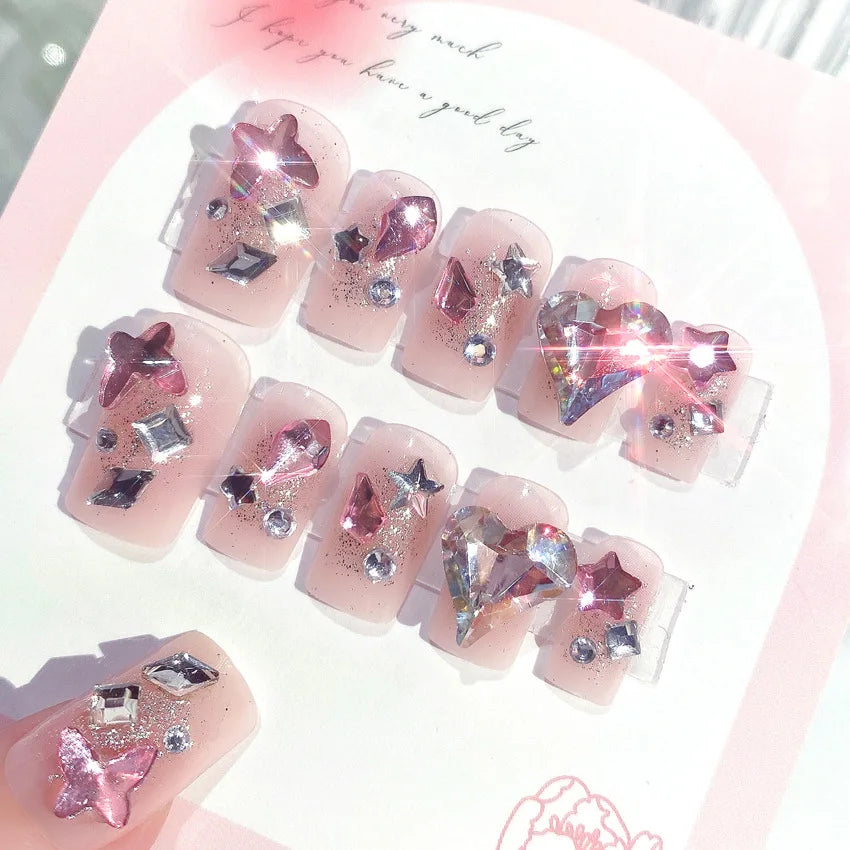 Glitter Fairy Rhinestone False nail Tips for Bride lady Wearable Sweet Crystal Design Press on Nails Mid Length Fake Nail Patch