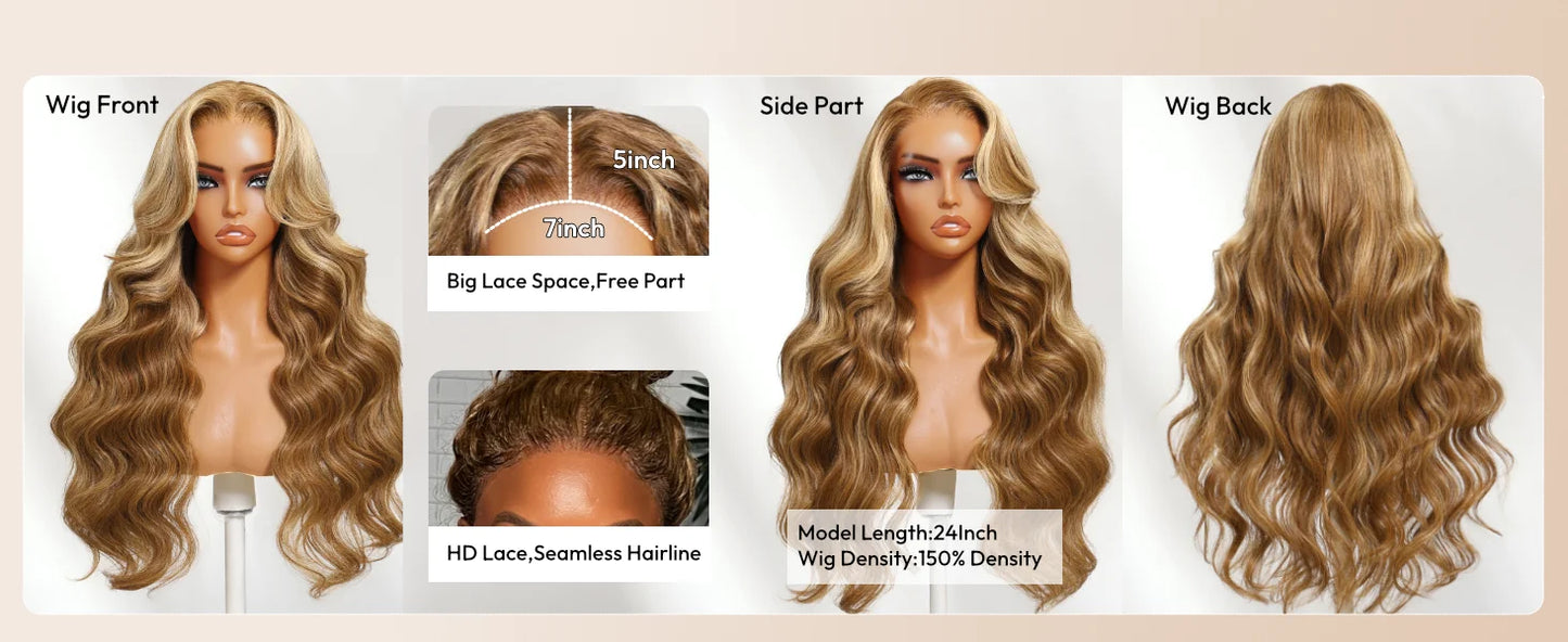 UNice Honey Blonde Highlights Body Wave Human Hair Wig With Drawstring 7x5 Lace Pre Cut Pre Bleached Glueless Wig 150% Density