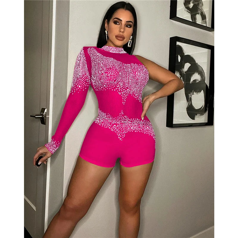 Sparkly Rhinestones Mesh Rompers Womens Jumpsuit Shorts Sexy Birthday Club Outfits One Sleeve Sheer Bodycon Playsuit Woman 2022