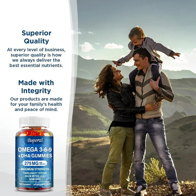 Omega 3 6 9 + DHA Gummies - Improves Circulation & Increases Antioxidant Activity, Supports Eye, Skin, Brain and Immune Health