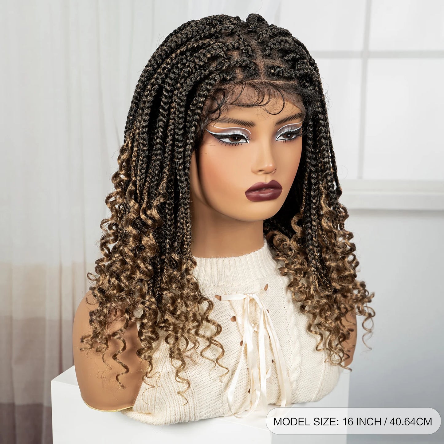 Knotless Box Boho Braided Wigs with Curly Ends Synthetic Full Lace Braided Lace Wigs Short Braided Bob Wig for Black Women