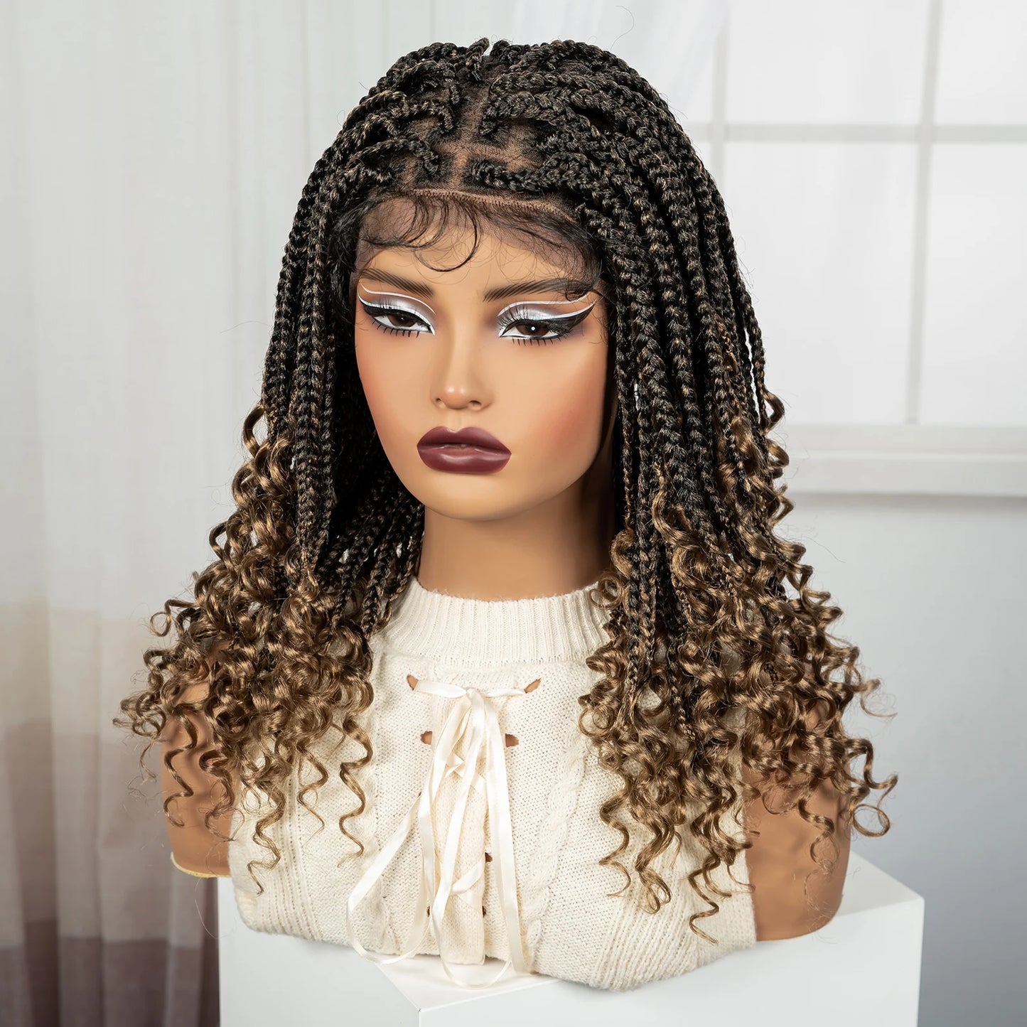 Knotless Box Boho Braided Wigs with Curly Ends Synthetic Full Lace Braided Lace Wigs Short Braided Bob Wig for Black Women