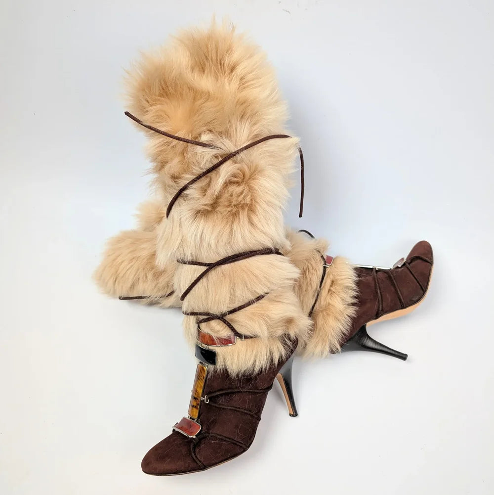 Beige Faux Fur Knee-High Stiletto Boots Brown Lace-Up Colorful Gemstone Decoration Fashion Round-Toe Women's Winter Boots