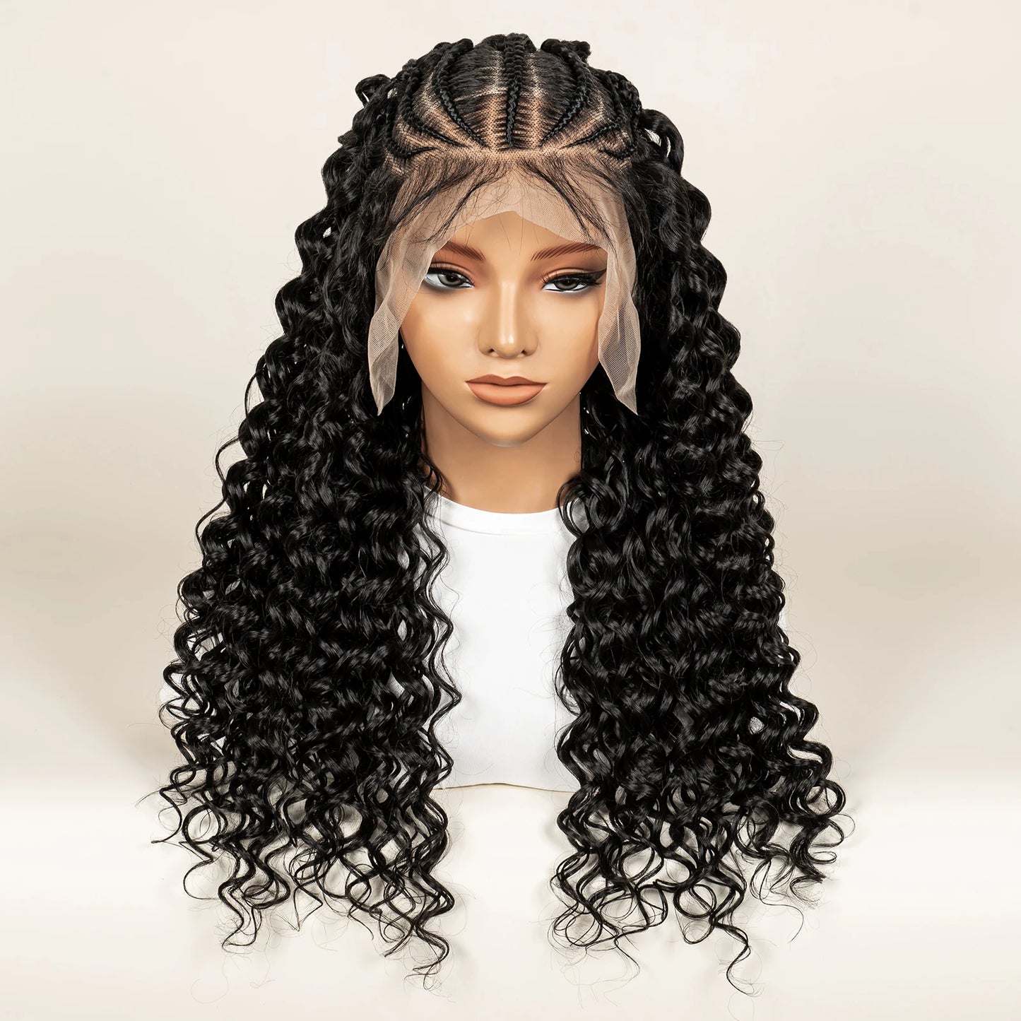 Half Braided Hair Wigs With Baby Natural Cornrow Synthetic Hair wig Deep Wave Full Lace Wigs 26 inch For Black Women