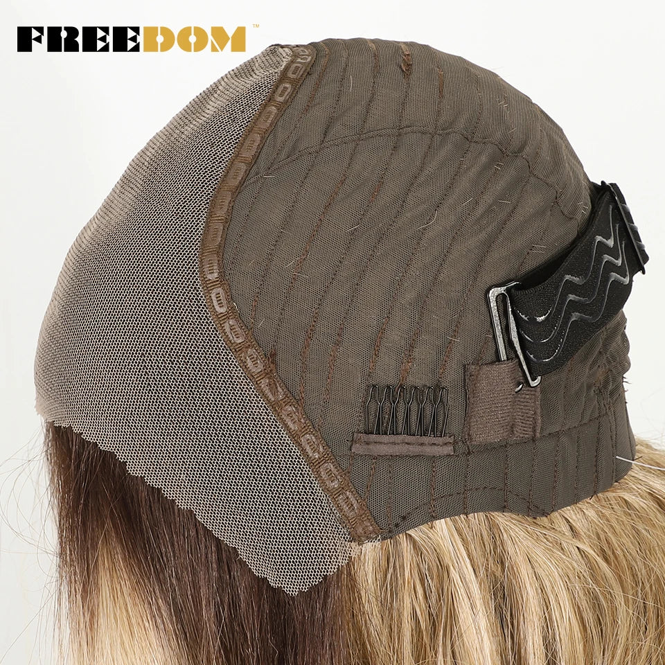 FREEDOM Body Wave Synthetic Lace Front Wigs For Women 9x6 Pre Plucked Lace Wig 20 inches Pre-cut Ombre Brown Blonde Cosplay Wigs