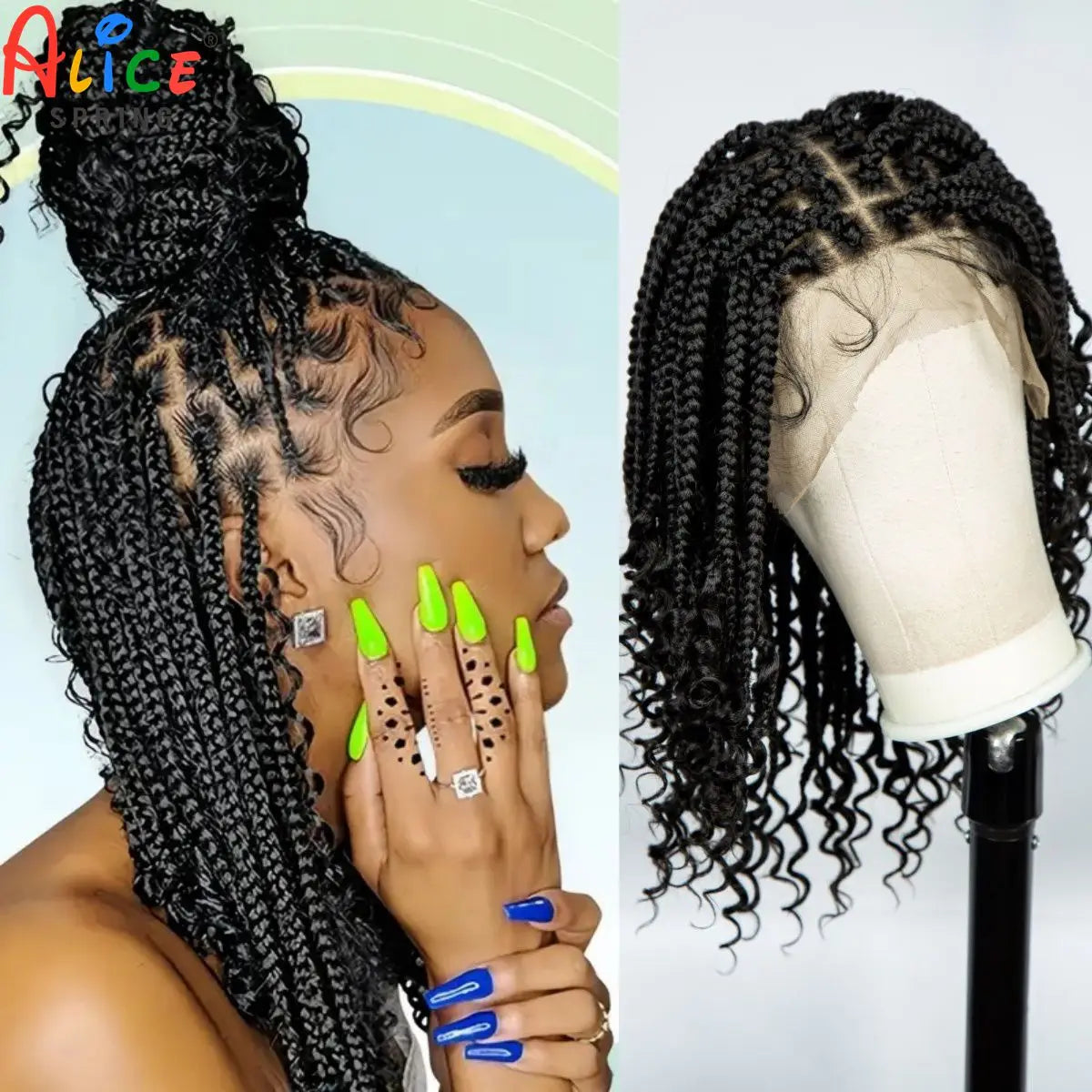 Knotless Box Boho Braided Wigs with Curly Ends Synthetic Full Lace Braided Lace Wigs Short Braided Bob Wig for Black Women